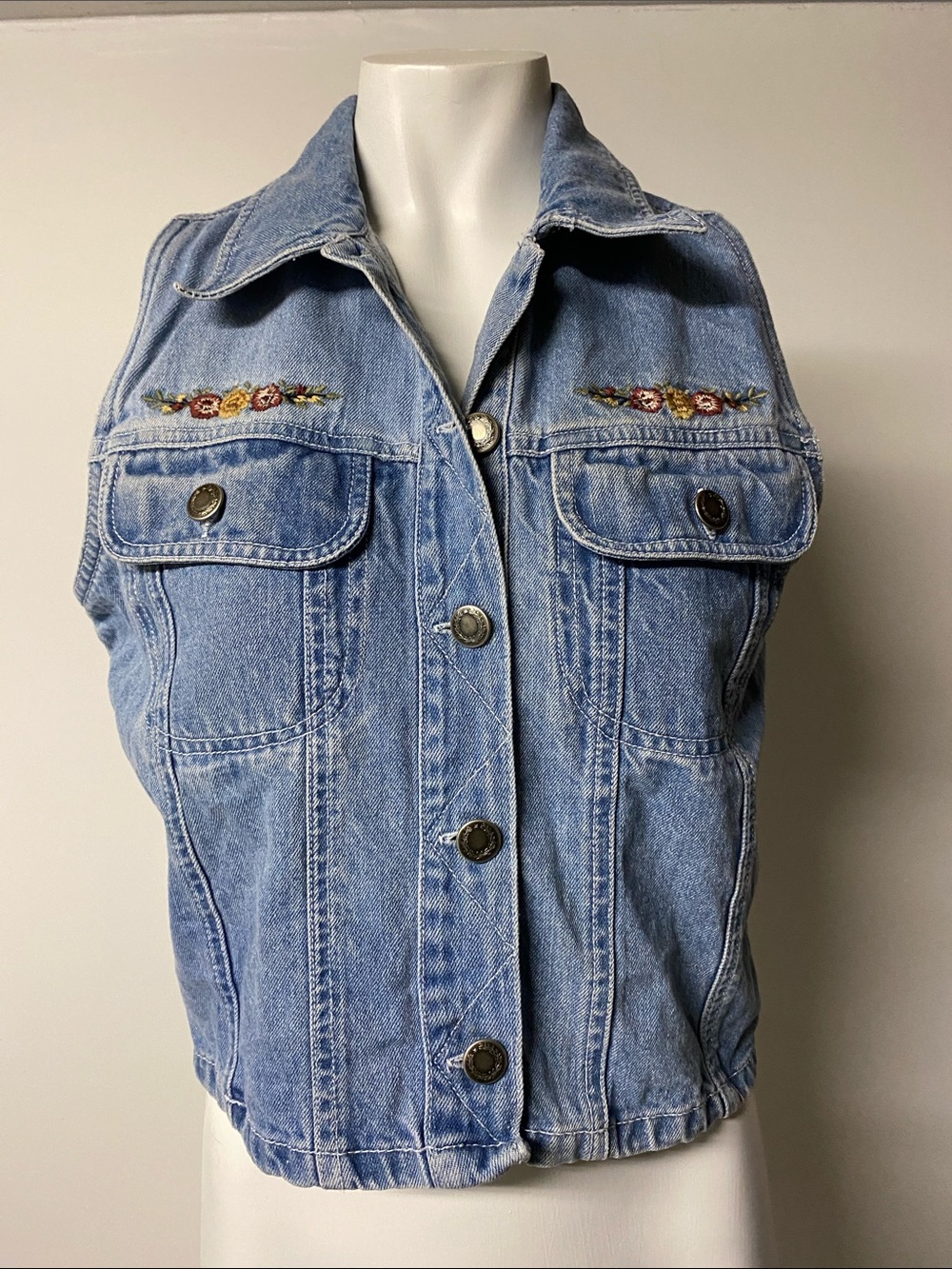At Last & Co. Vintage Denim Vest with Embroidered Floral Detail